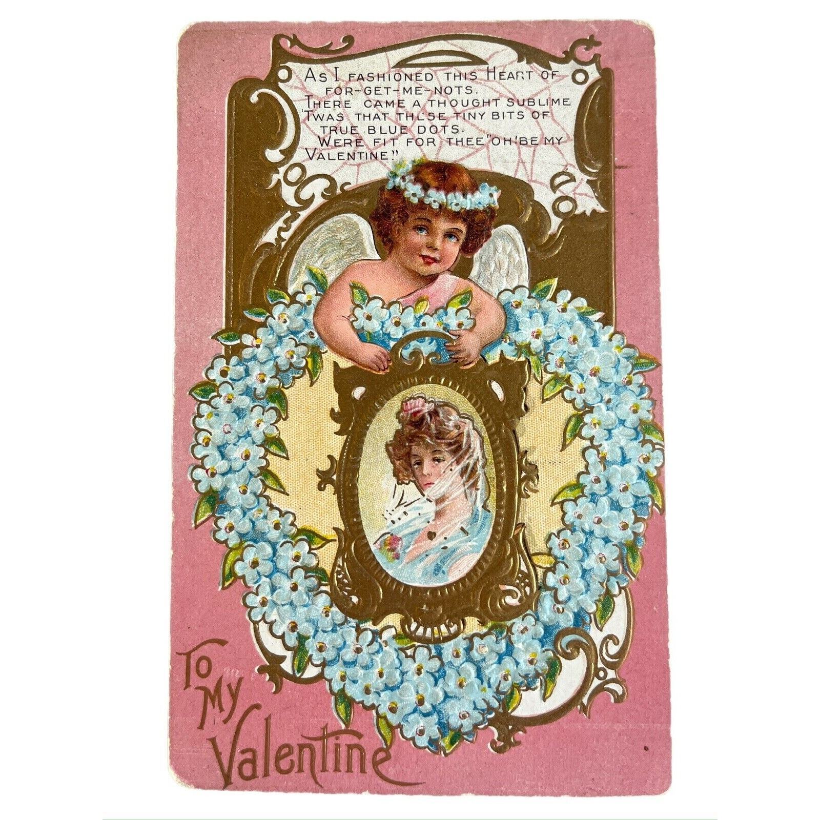 Antique Early 1900s Ephemera Valentine Litho Postcard Embossed Cupid Series No1