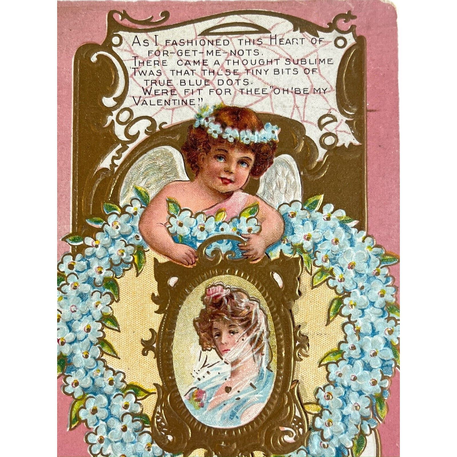 Antique Early 1900s Ephemera Valentine Litho Postcard Embossed Cupid Series No1