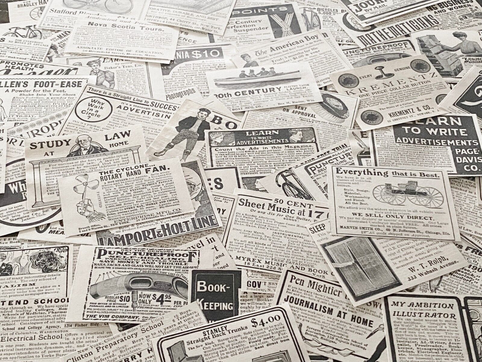 50 c1890-1900s SMALL PRINT ADS Old Magazine Clippings~Vtg Paper Craft Supply Lot