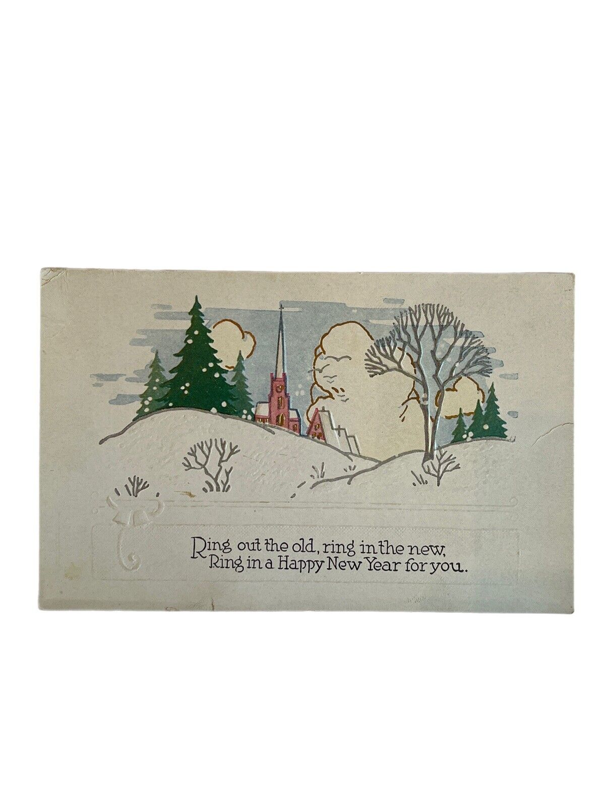 Antique Early 1900s Ephemera Postcard Embossed New Years Winter Country Church