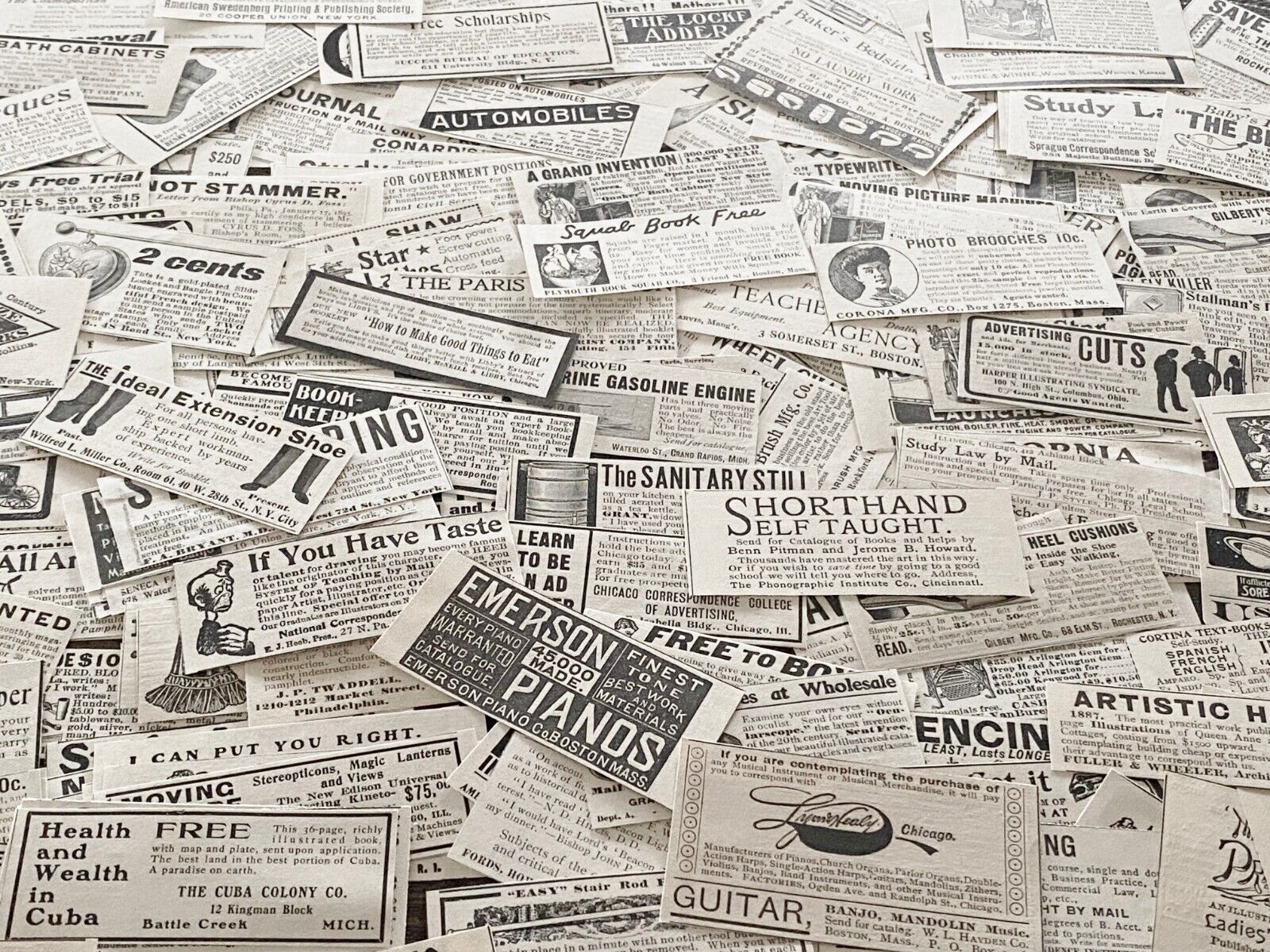 50 c1890-1900s SMALL PRINT ADS Old Magazine Clippings~Vtg Paper Craft Supply Lot