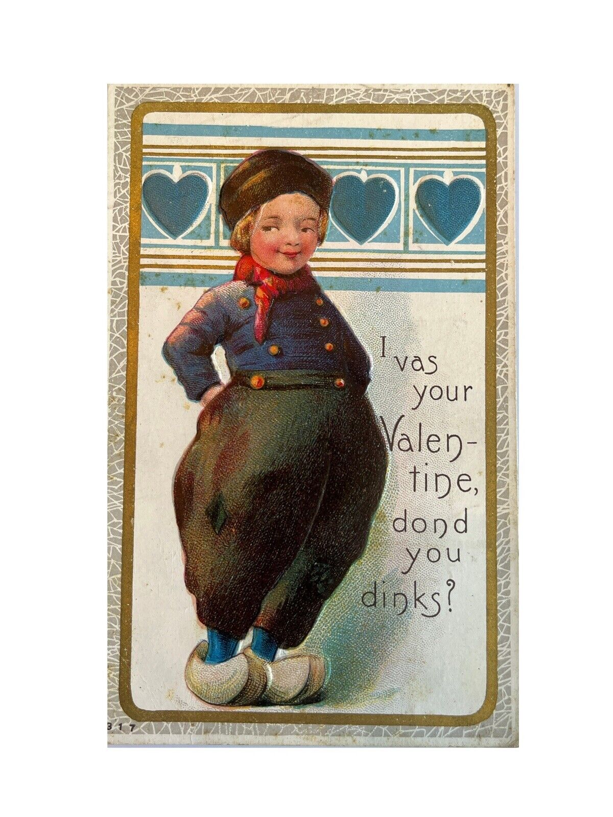 Antique Early 1900s Ephemera Valentine Postcard Humorous Dutch Boy Wooden Shoes