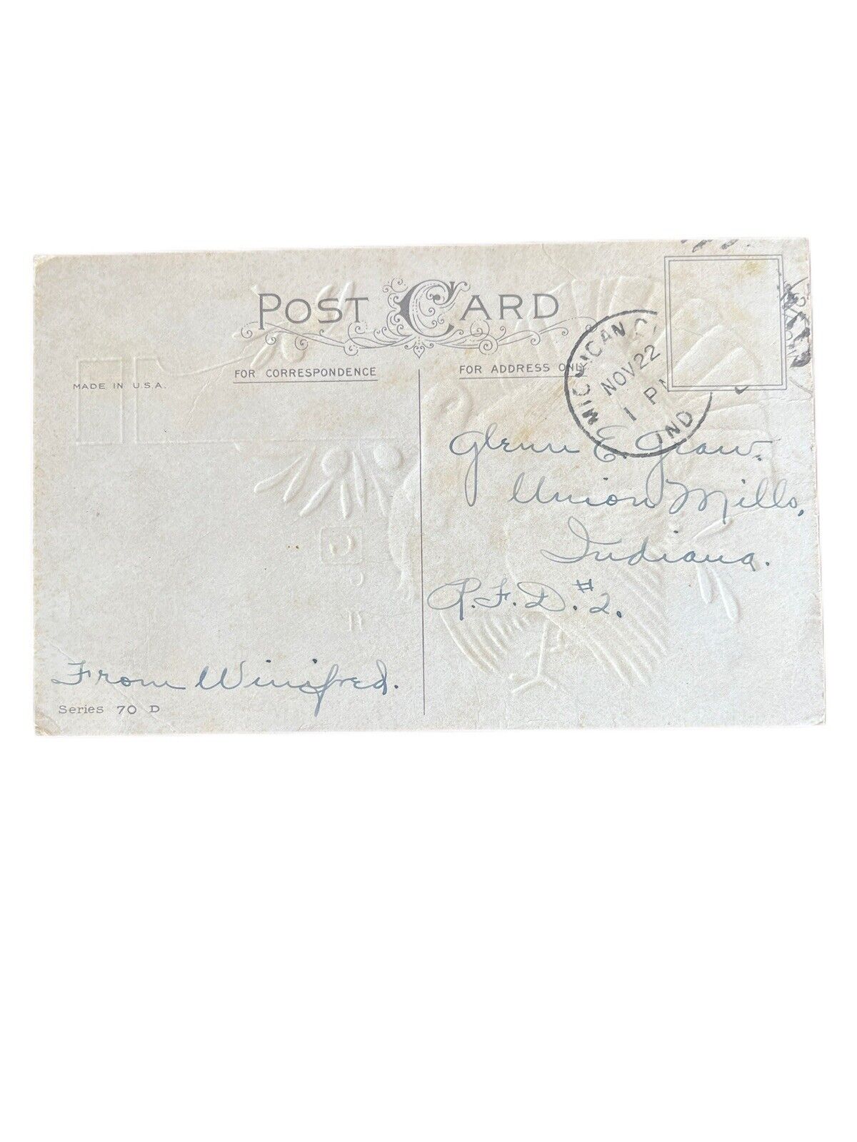 Antique Posted Thanksgiving Turkey 1900s Ephemera Embossed No Stamp Postcard SEE