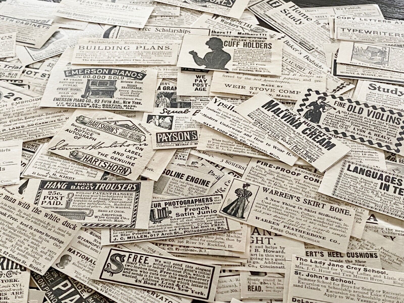 50 c1890-1900s SMALL PRINT ADS Old Magazine Clippings~Vtg Paper Craft Supply Lot
