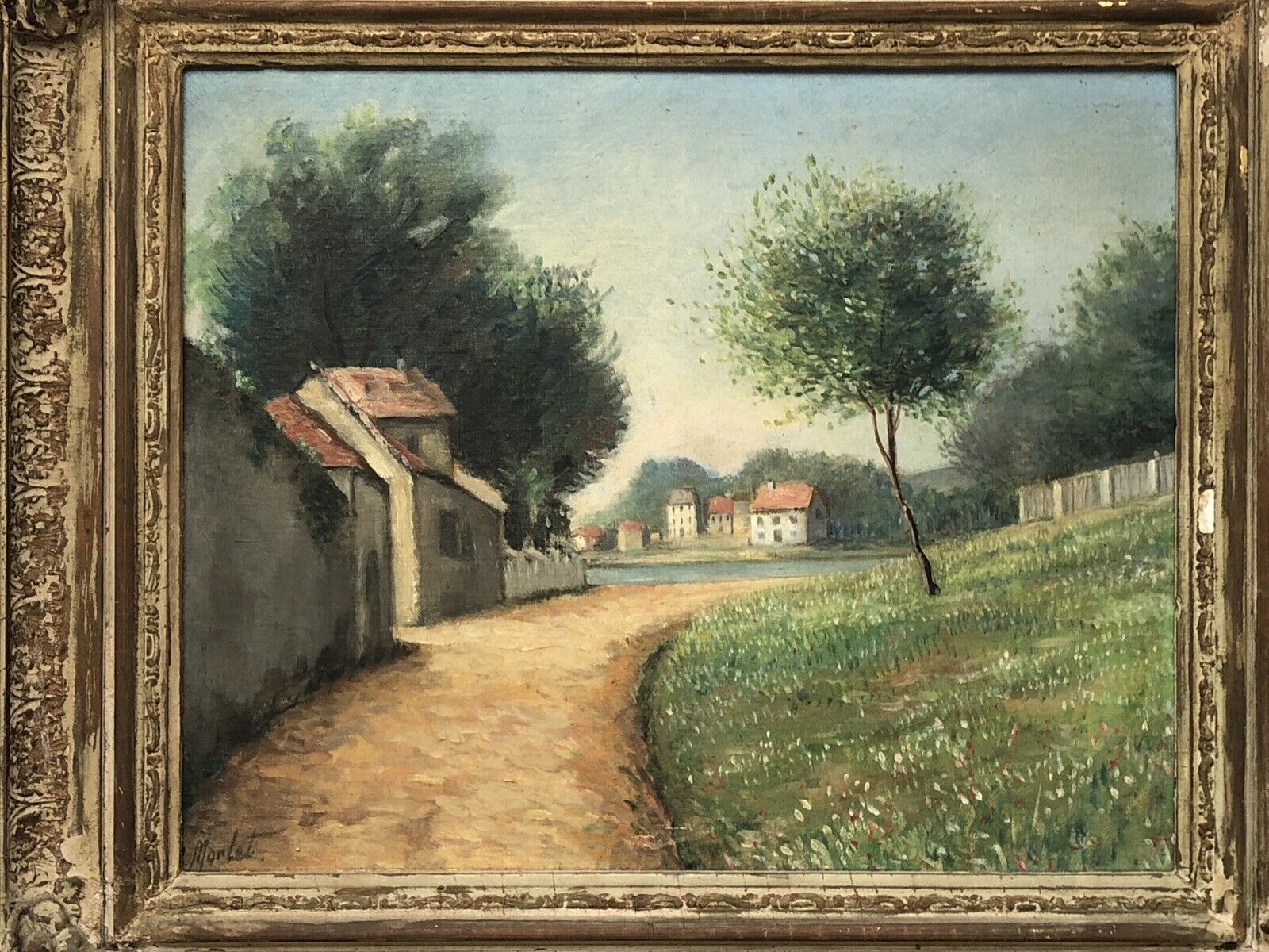 French antique oil painting: G. MORLET NORMANDY LANDSCAPE