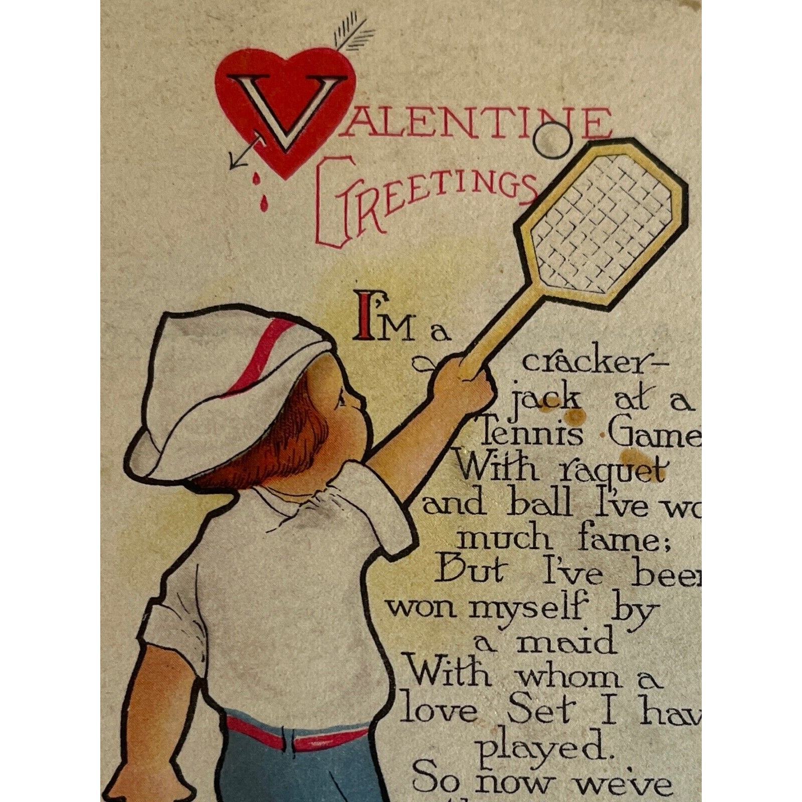 Antique Early 1900s Ephemera Valentine Postcard Tennis Player Boy Love Poem SEE