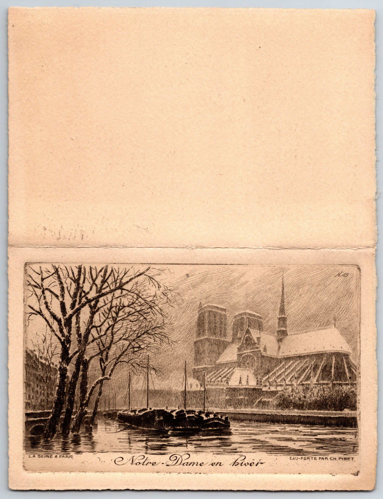 c1900s Notre Dame Cathedral on the River Sketch Paris Fold Out Ephemera Art