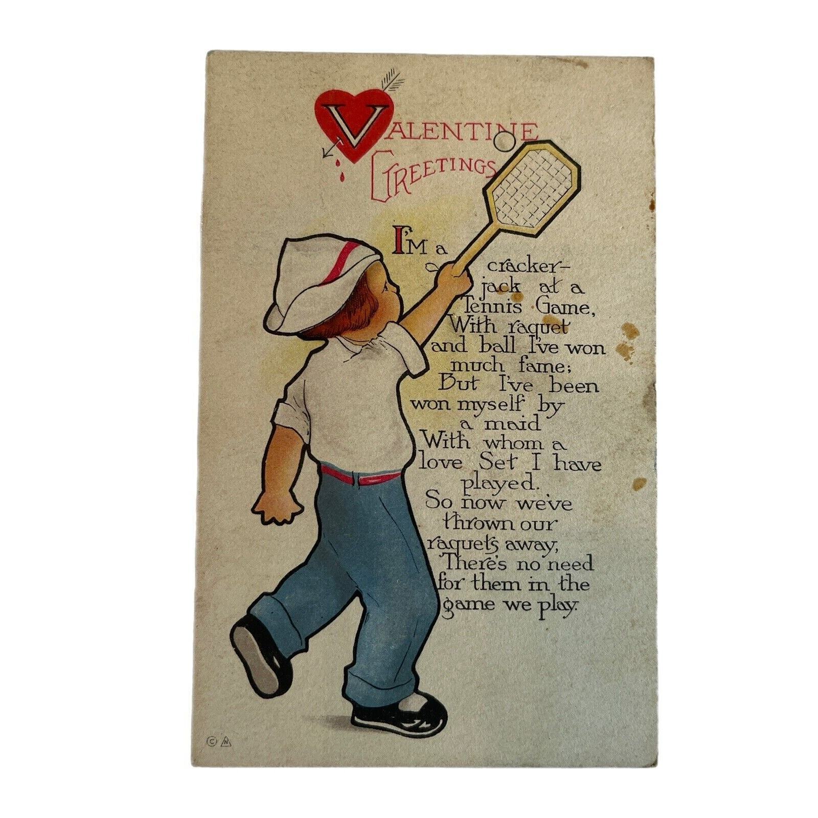 Antique Early 1900s Ephemera Valentine Postcard Tennis Player Boy Love Poem SEE