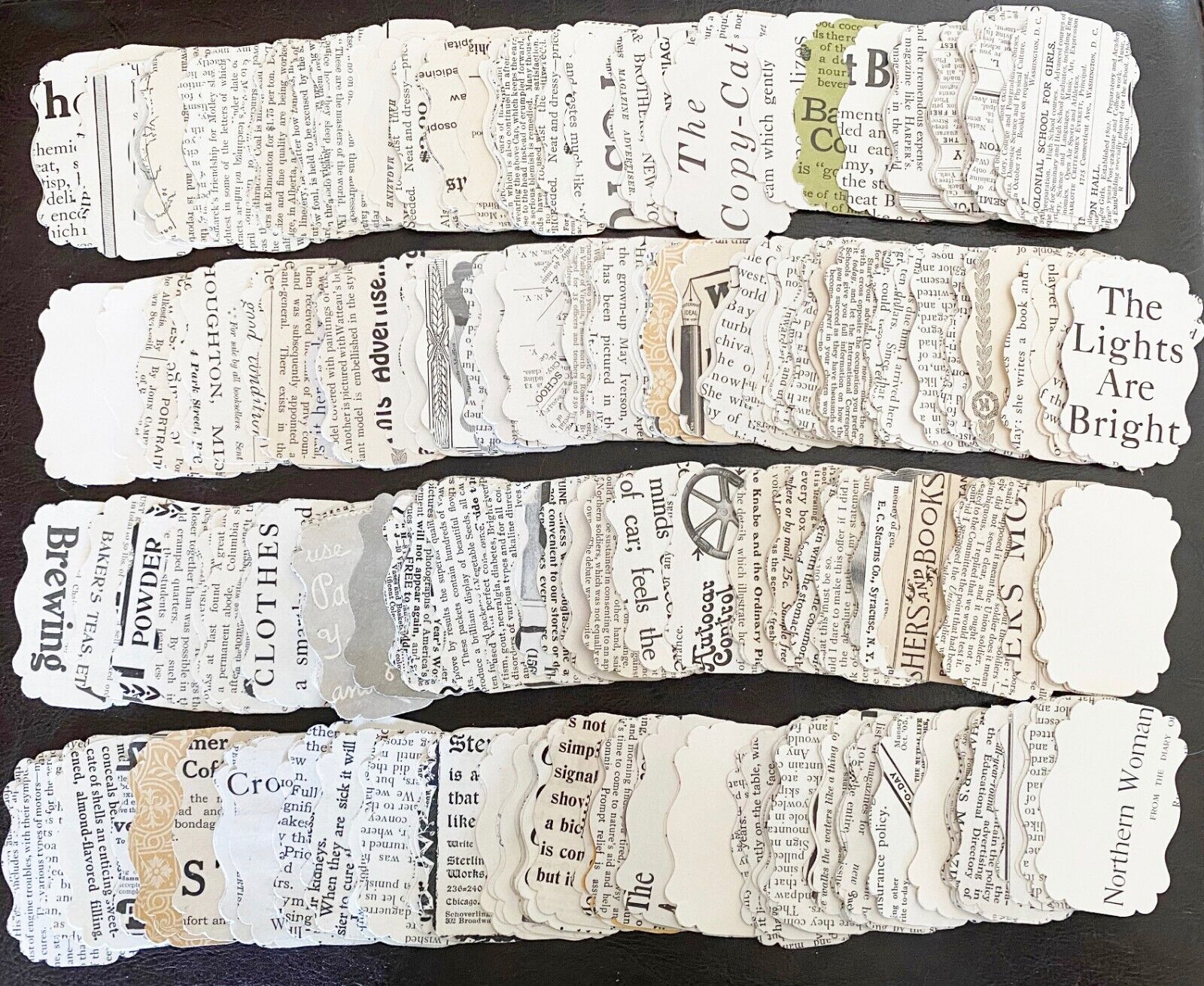 100pc Lot Die Cut Vtg Paper Label Punchies~Antique Magazine Pages&Old Ads c1900s