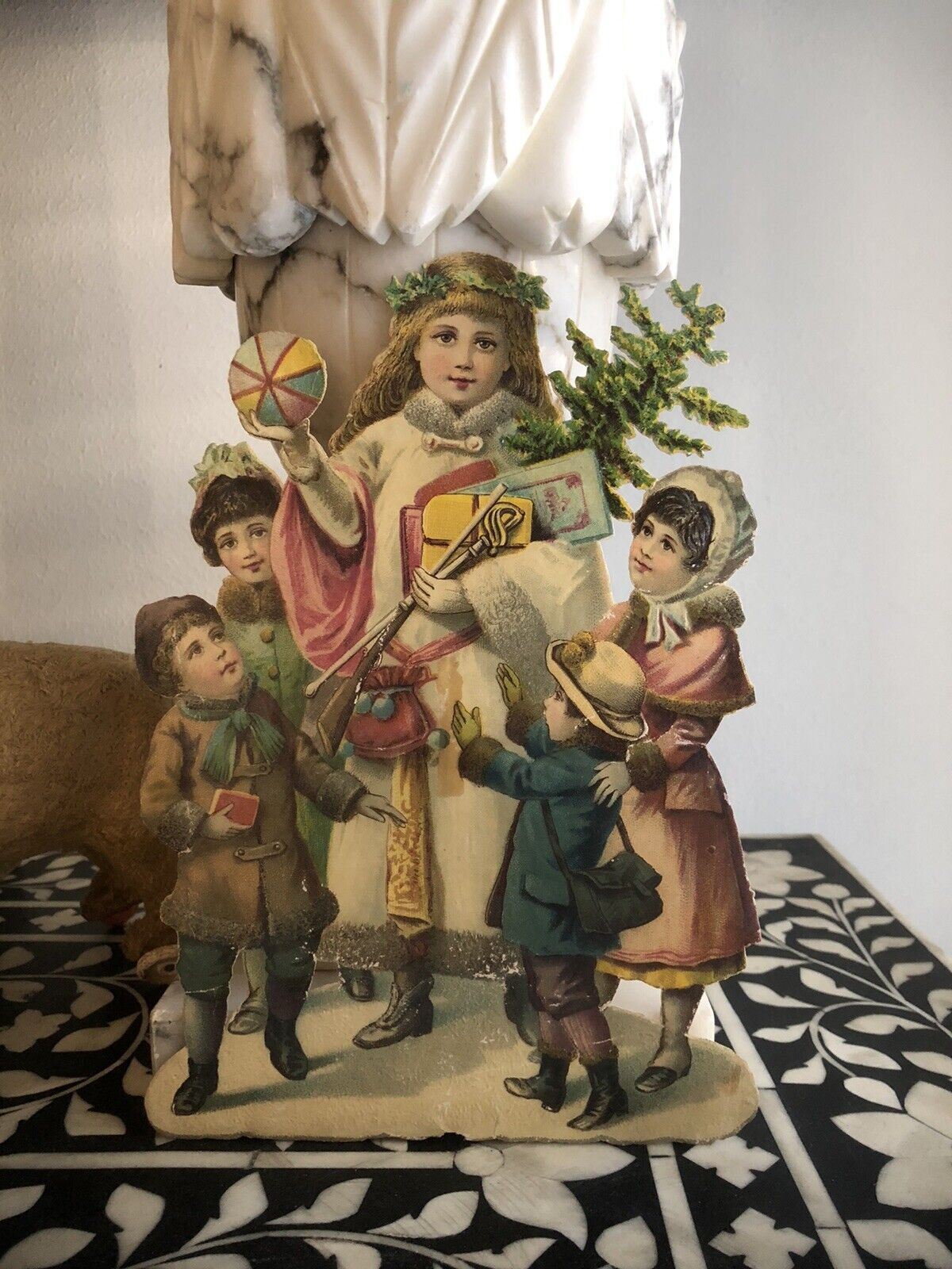 Antique Girl with Children White Coat Christmas Diecut Scrap Ephemera- 1900s