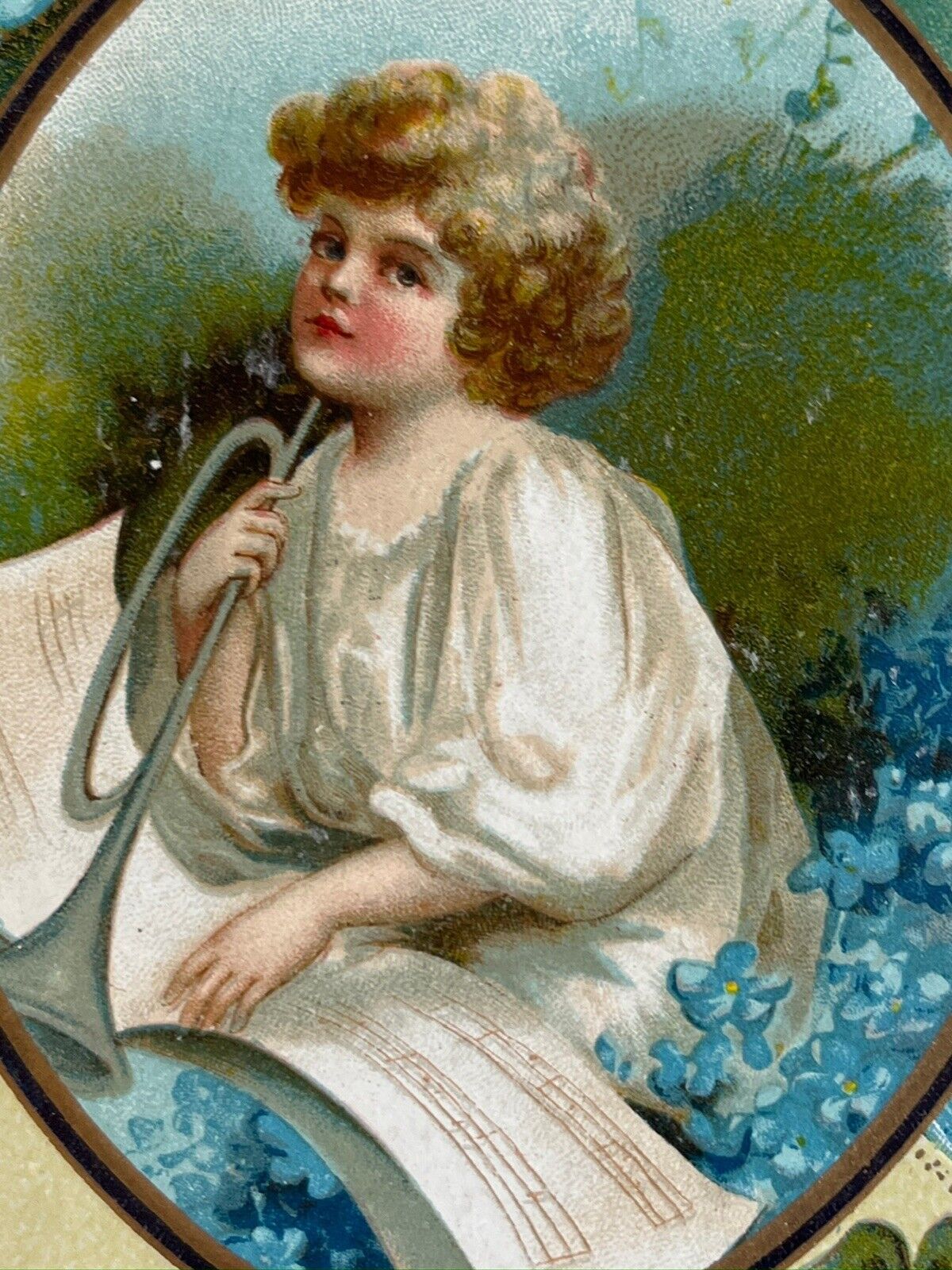 Antique Early 1900s Ephemera Valentine Postcard Angel Boy Forget-me-Nots Trumpet