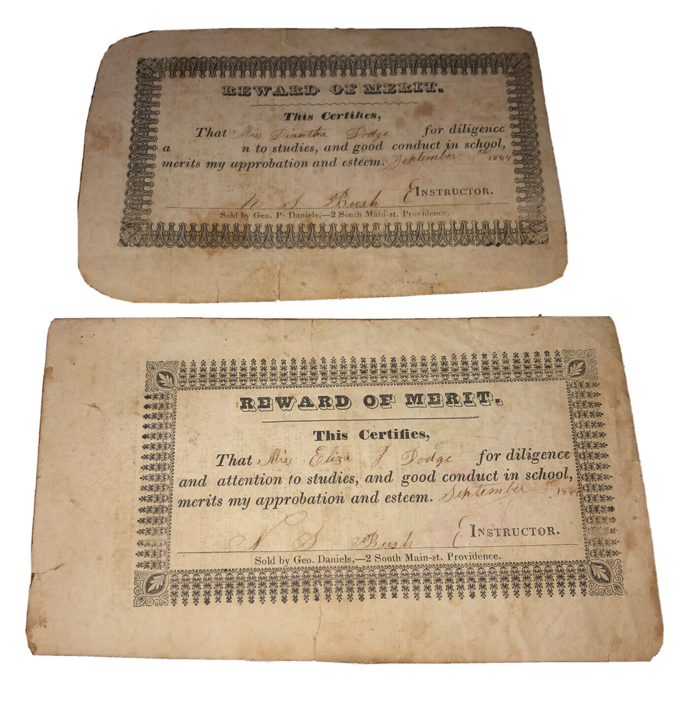 Geo Daniels South Main St. Providence Late 1800s - Early 1900s Reward Merit Set