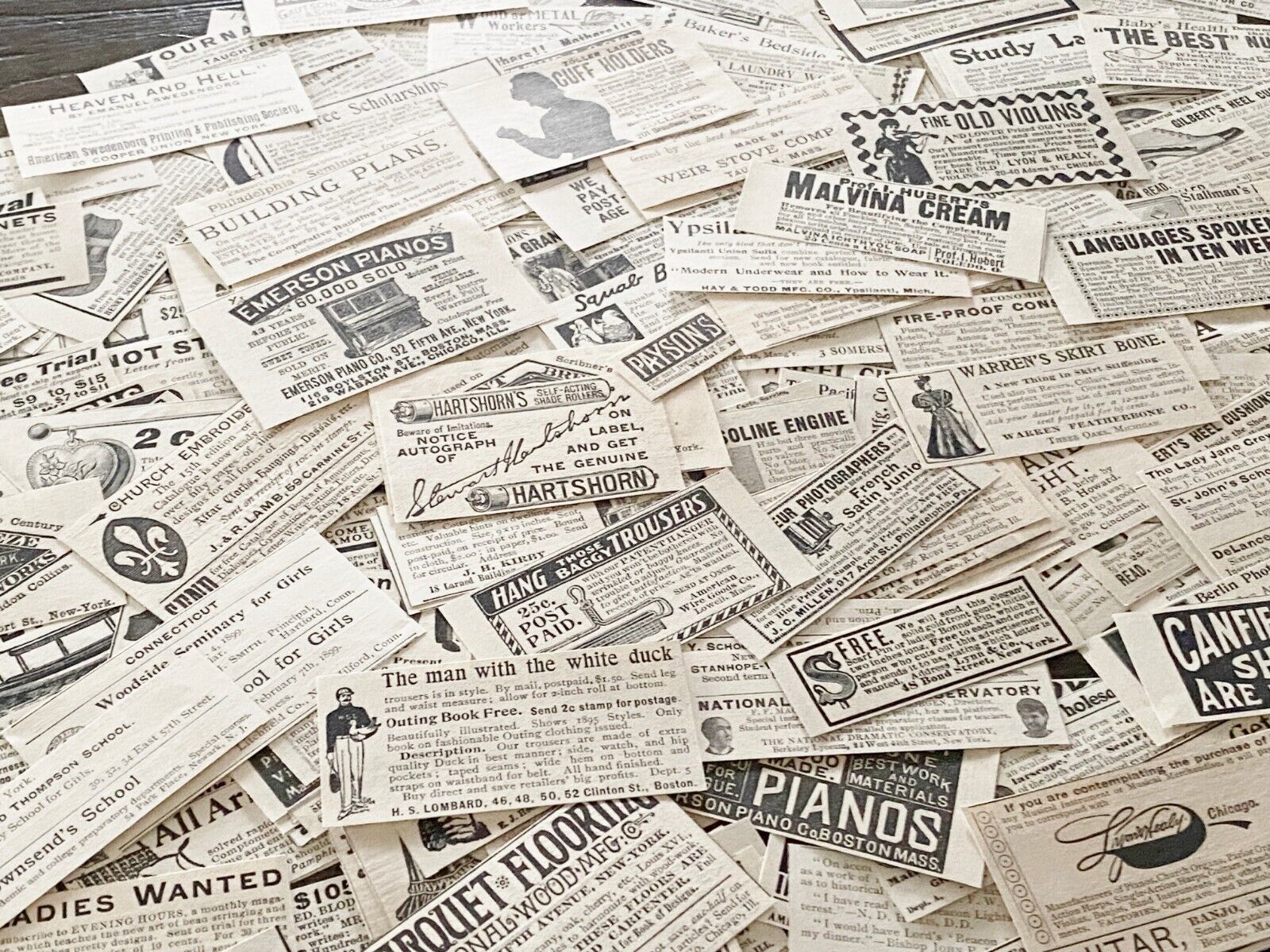 50 c1890-1900s SMALL PRINT ADS Old Magazine Clippings~Vtg Paper Craft Supply Lot