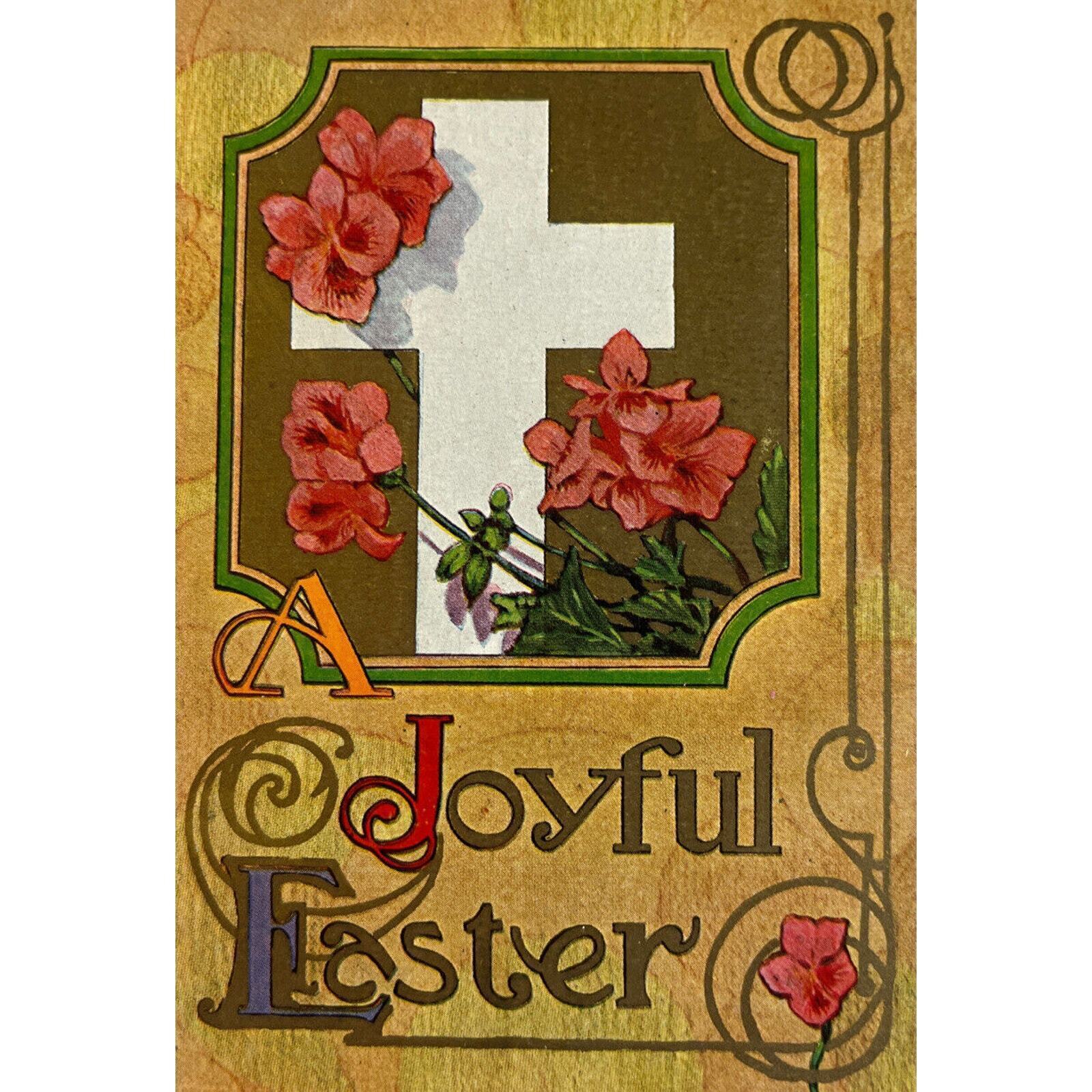Antique Early 1900s Ephemera Litho Postcard Joyful Easter Religious Cross Floral