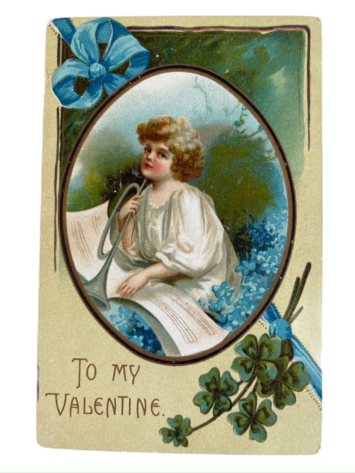 Antique Early 1900s Ephemera Valentine Postcard Angel Boy Forget-me-Nots Trumpet