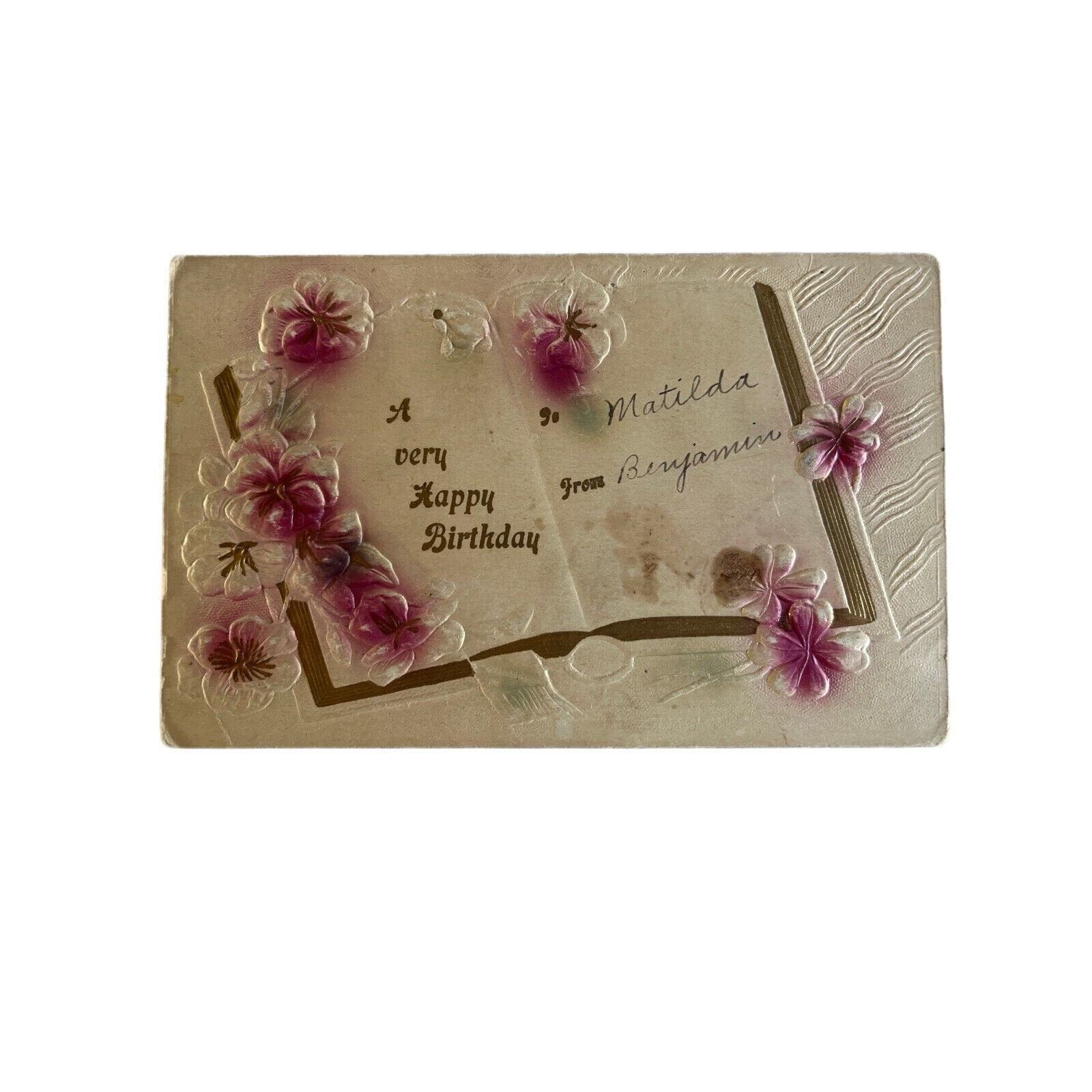 Antique Early 1900s Ephemera Litho Postcard Embossed A Happy Birthday Wish SEE
