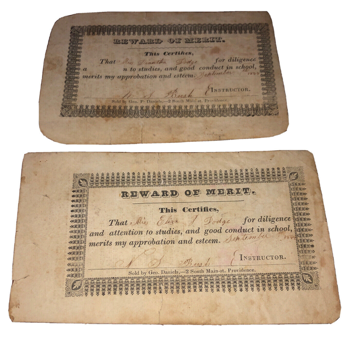 Geo Daniels South Main St. Providence Late 1800s - Early 1900s Reward Merit Set