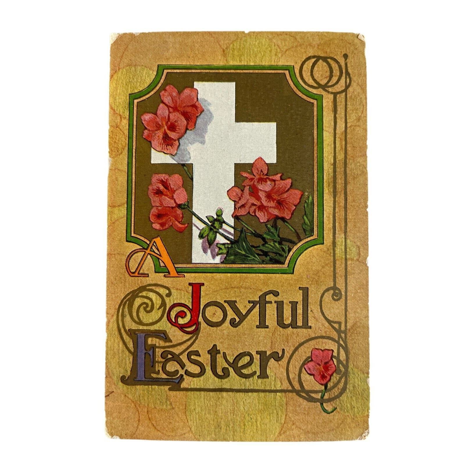Antique Early 1900s Ephemera Litho Postcard Joyful Easter Religious Cross Floral