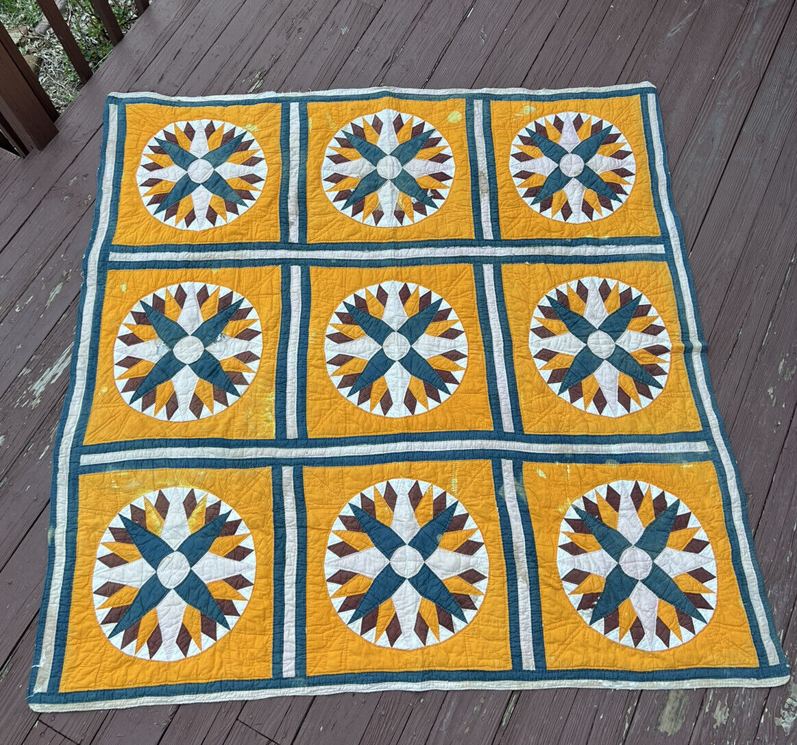 1800s Handmade Southern Star Wheel Quilt Patchwork