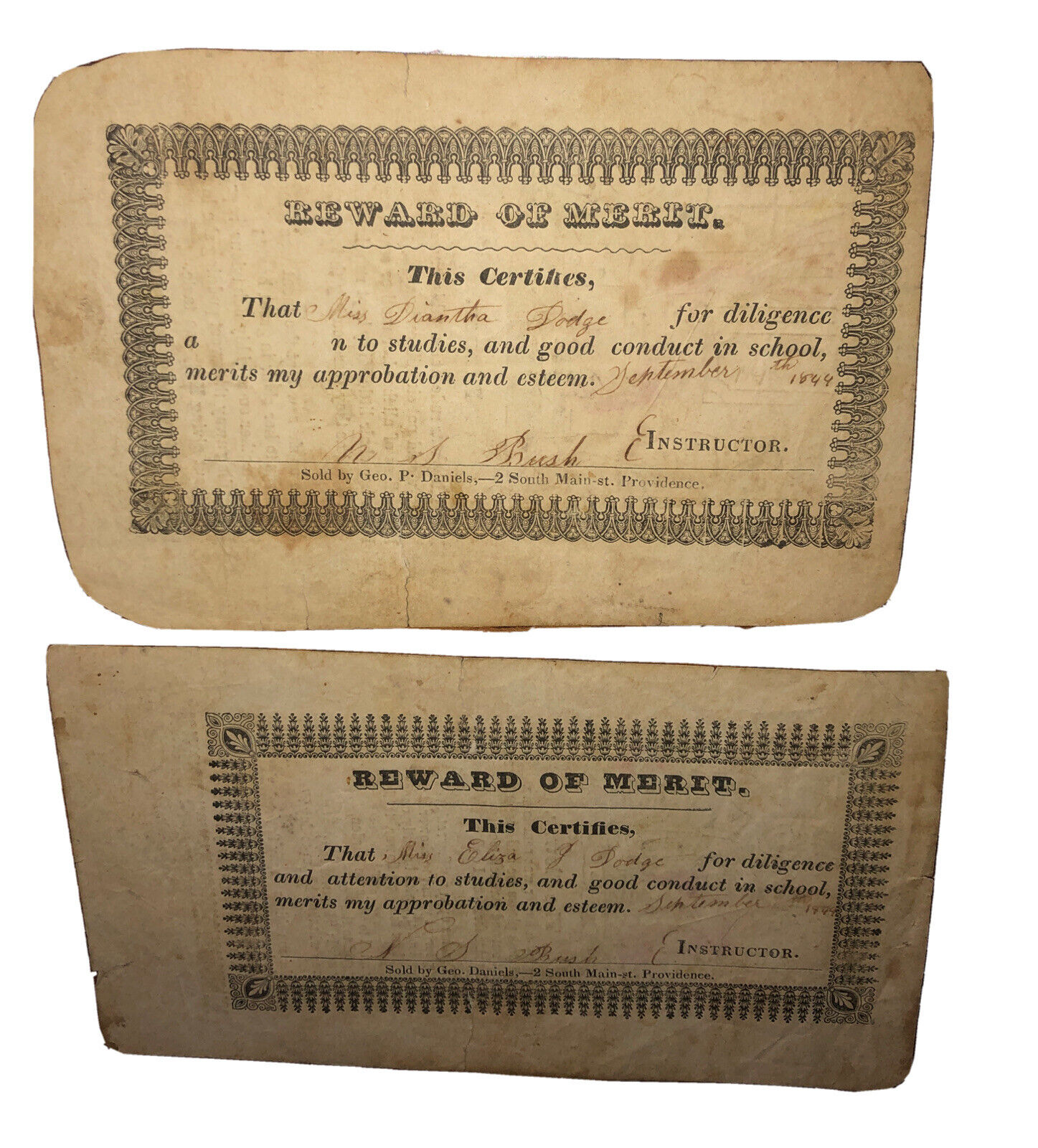 Geo Daniels South Main St. Providence Late 1800s - Early 1900s Reward Merit Set