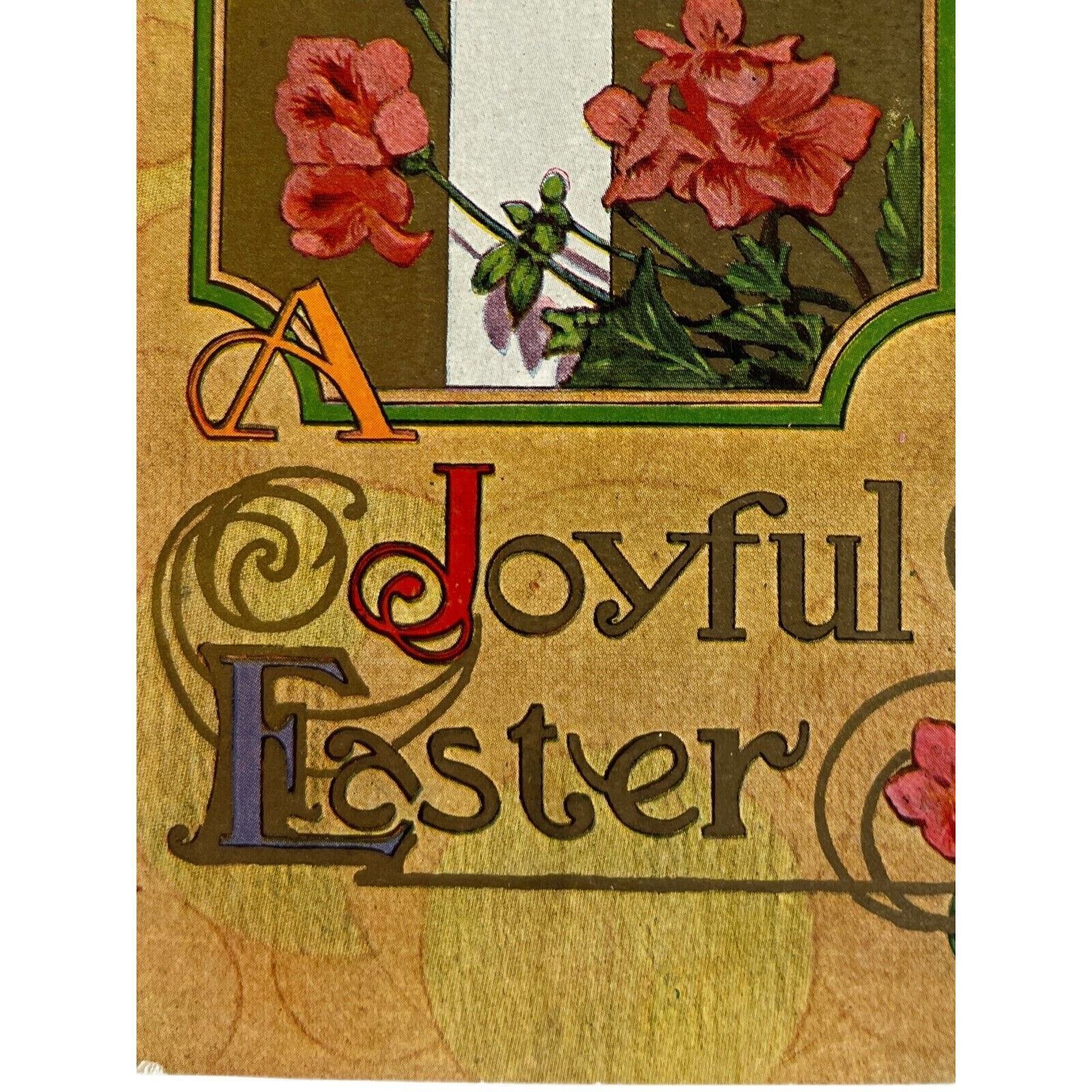 Antique Early 1900s Ephemera Litho Postcard Joyful Easter Religious Cross Floral