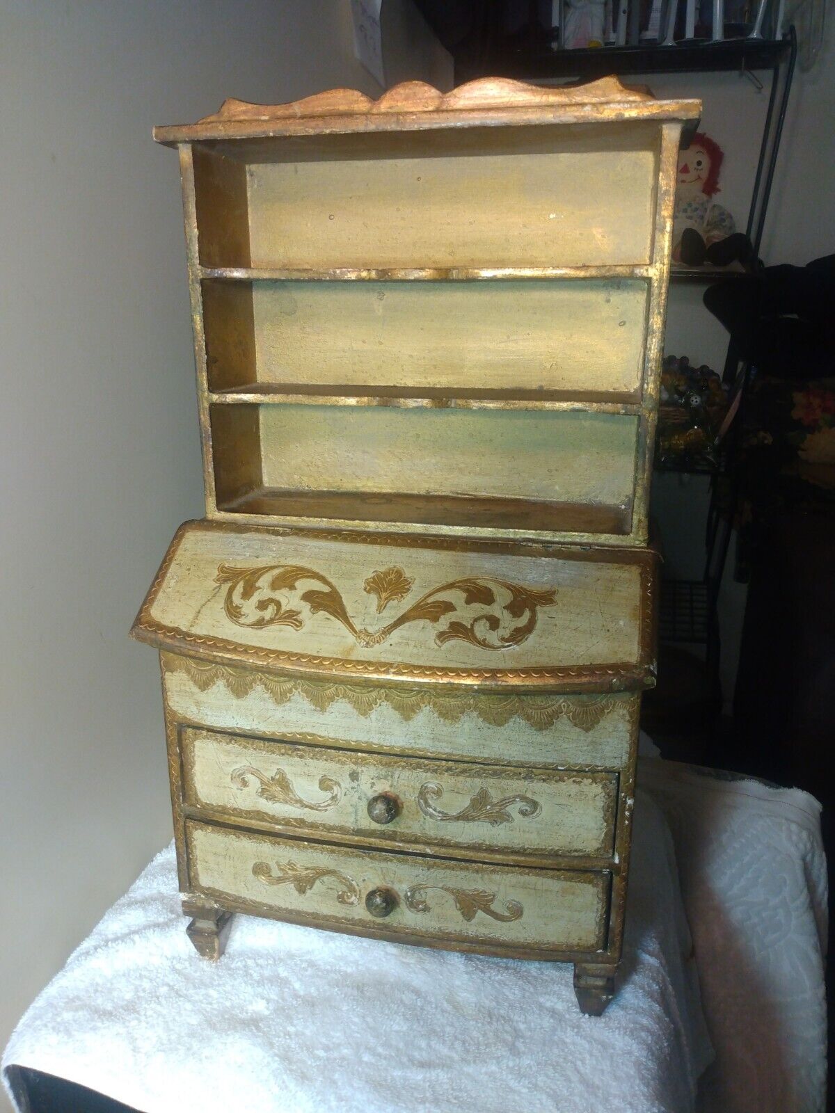 Vintage Gold Florentine Miniature Secretary Hutch Wood Cabinet