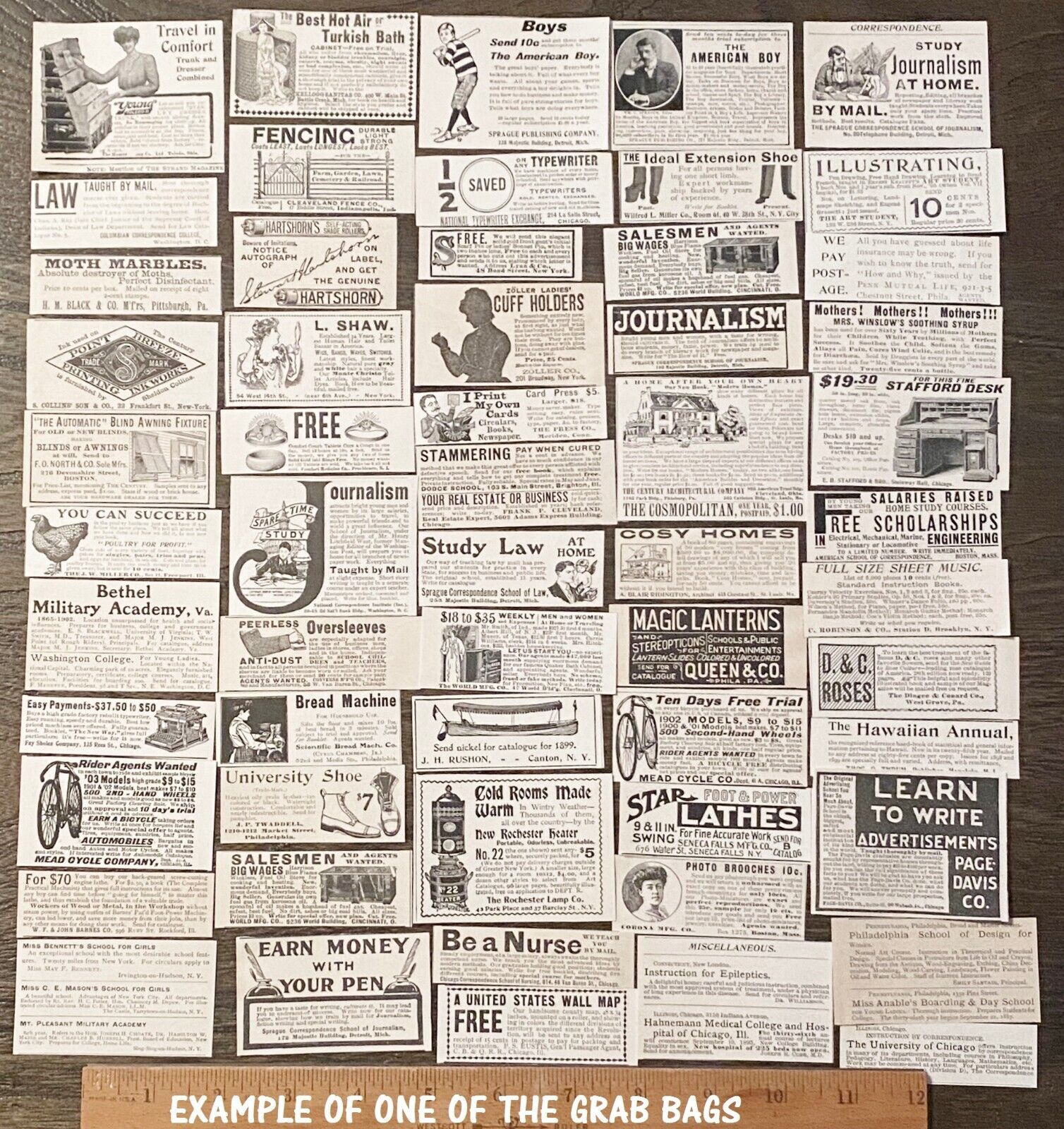 50 c1890-1900s SMALL PRINT ADS Old Magazine Clippings~Vtg Paper Craft Supply Lot
