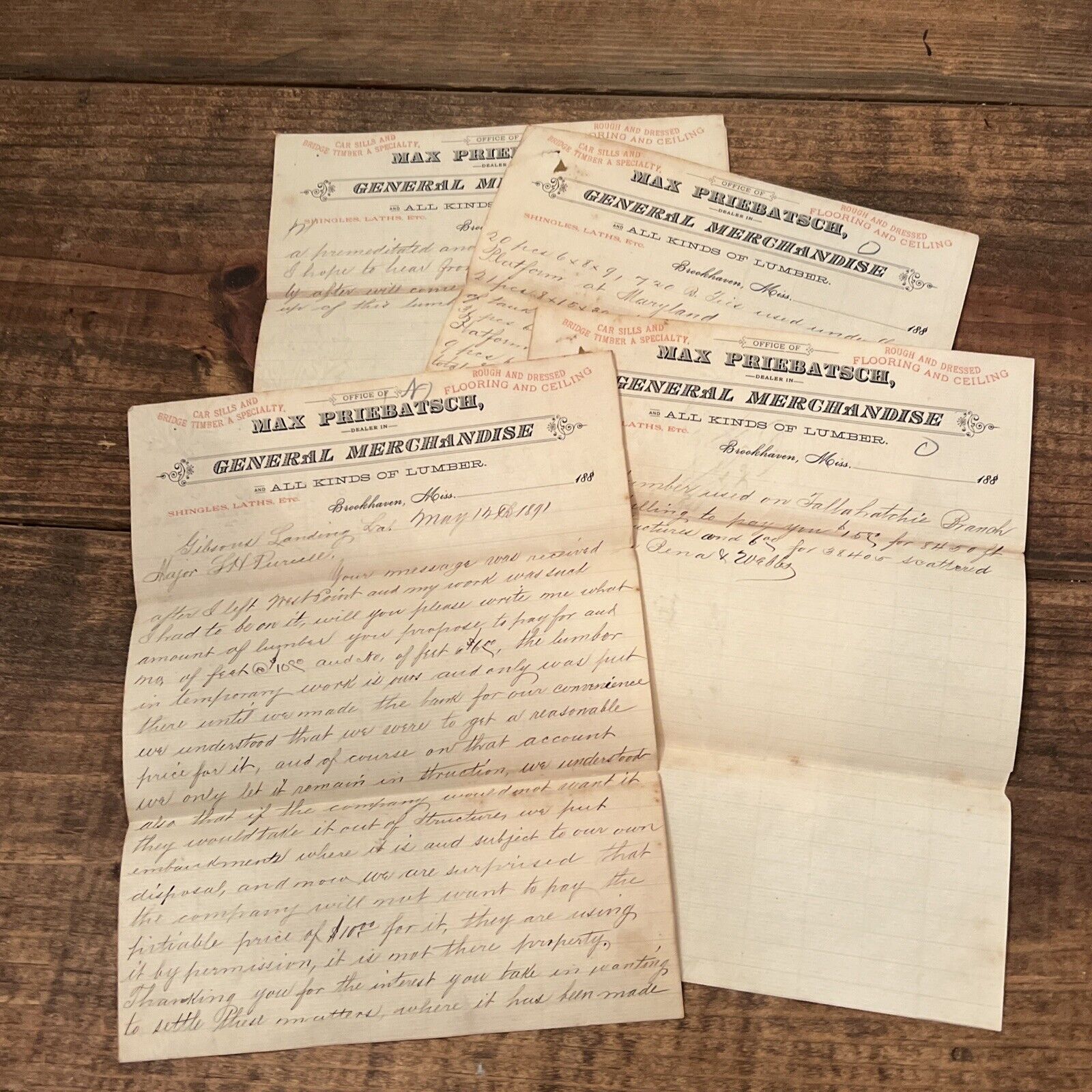 LOT OF 4 Antique Vintage Ephemera 1800s Letterhead GENERAL MERCHANDISE MISS.