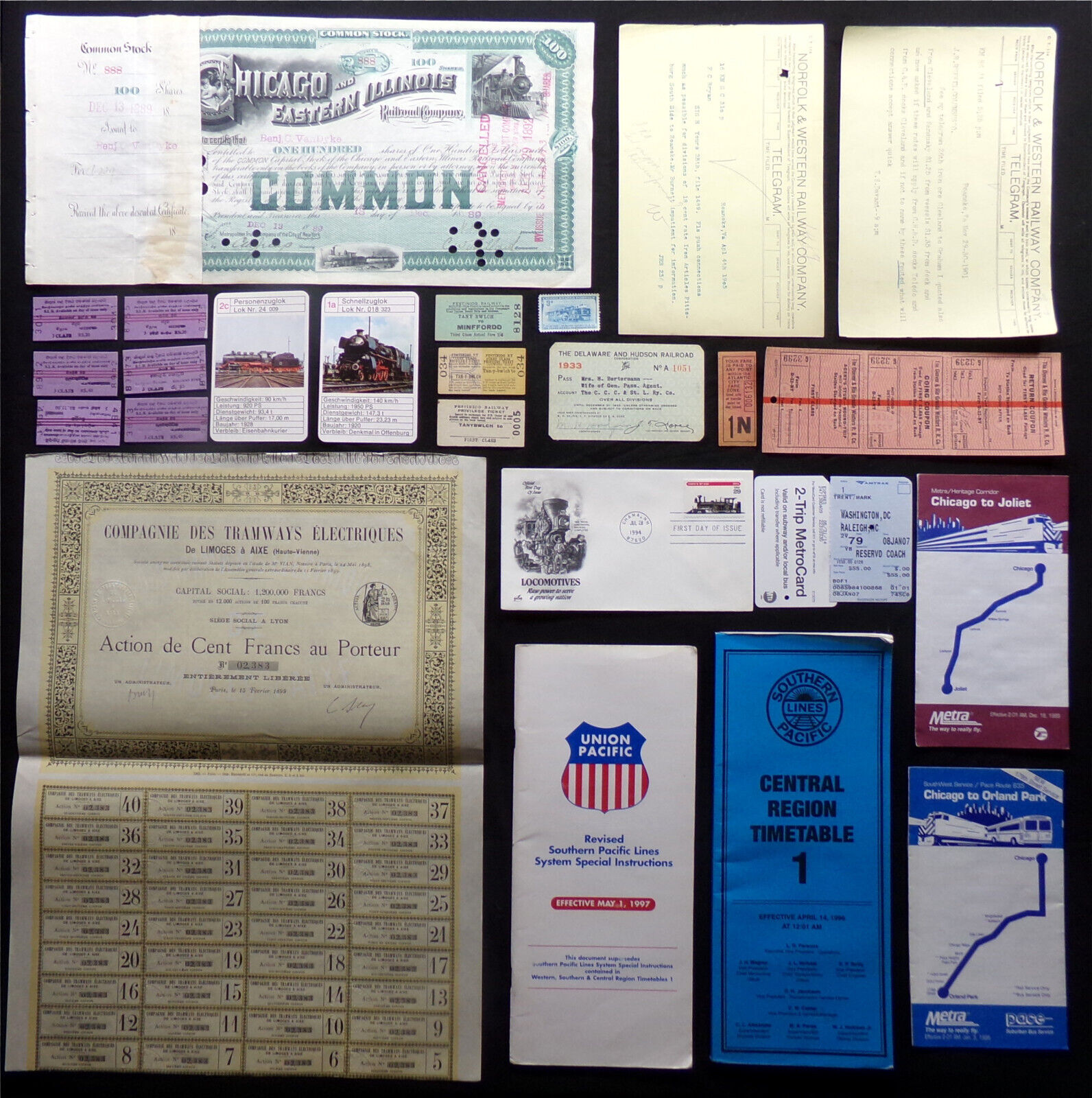 RAILROAD LOT #1 1800s-1900s World Mix, Ticket Telegram Stock Stamp Card Time Map
