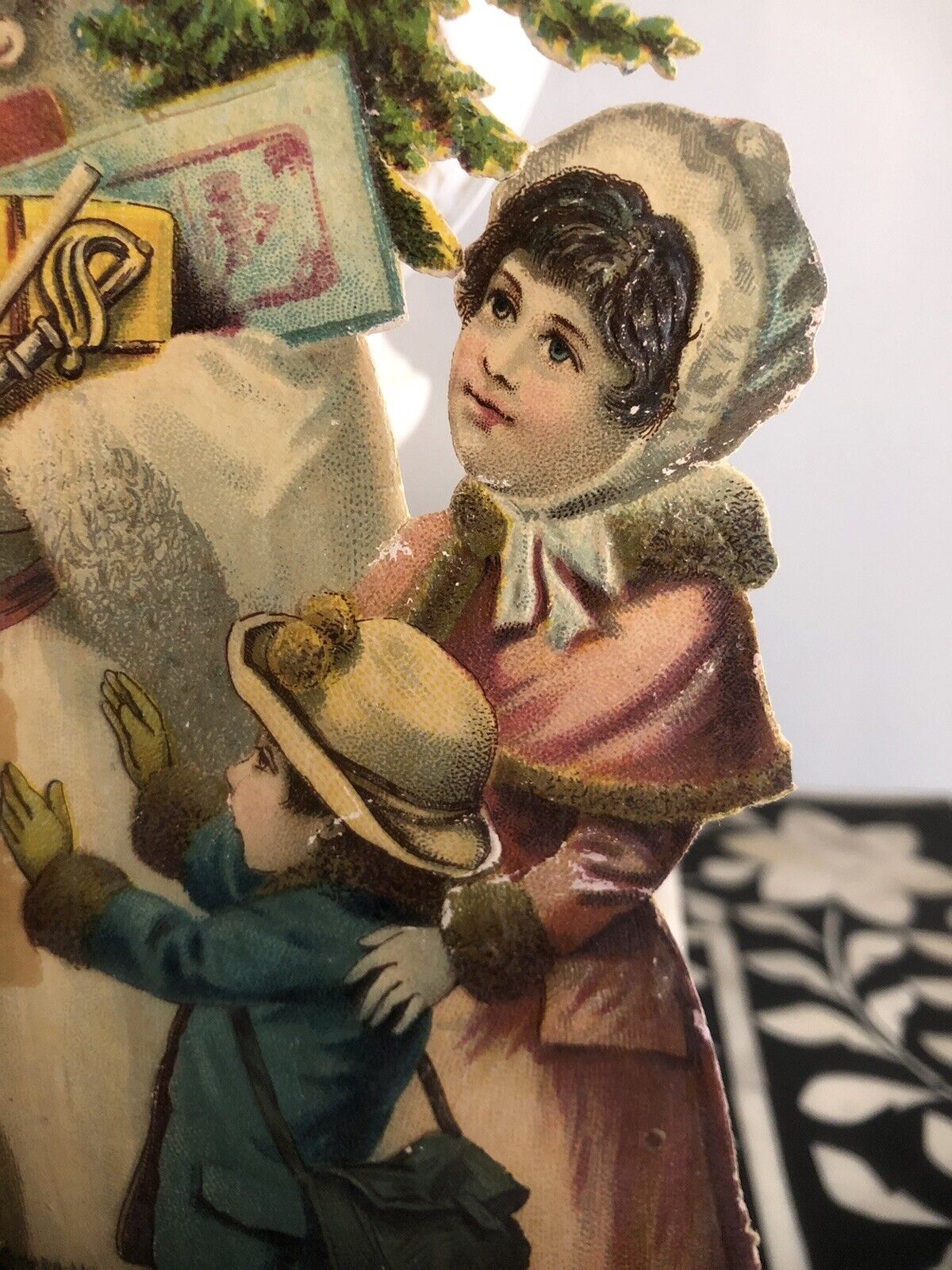 Antique Girl with Children White Coat Christmas Diecut Scrap Ephemera- 1900s