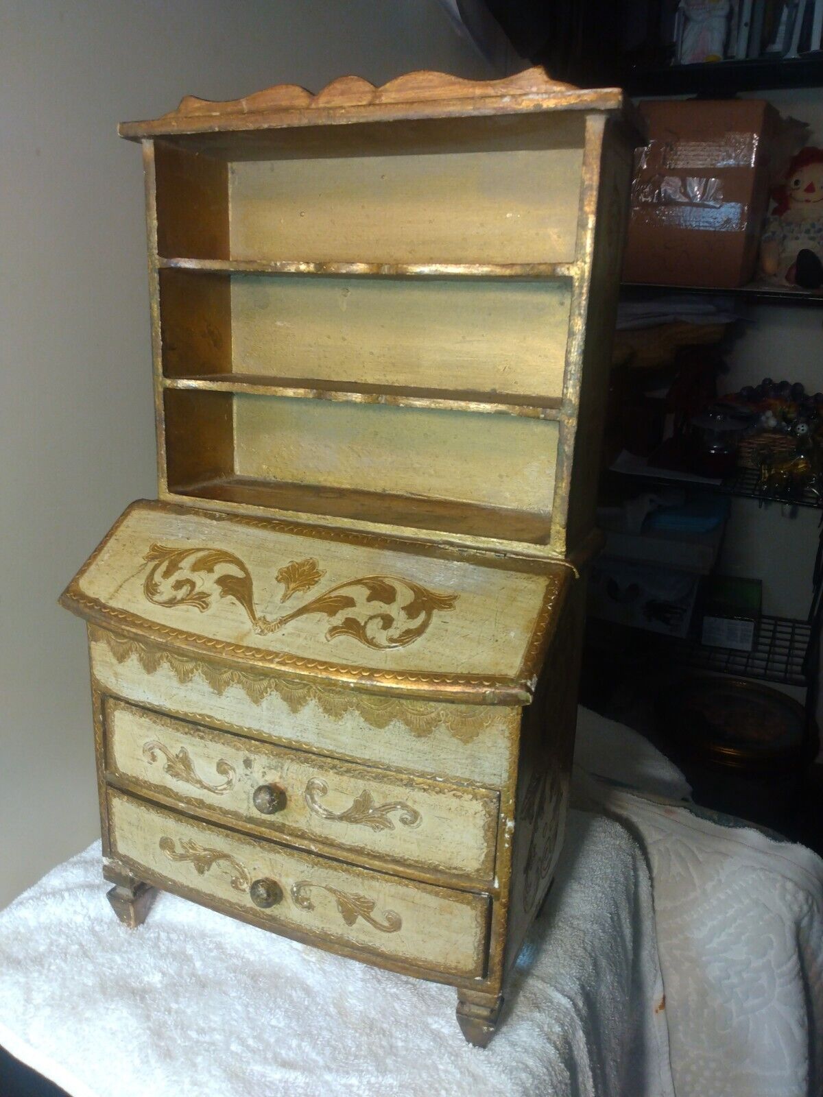 Vintage Gold Florentine Miniature Secretary Hutch Wood Cabinet