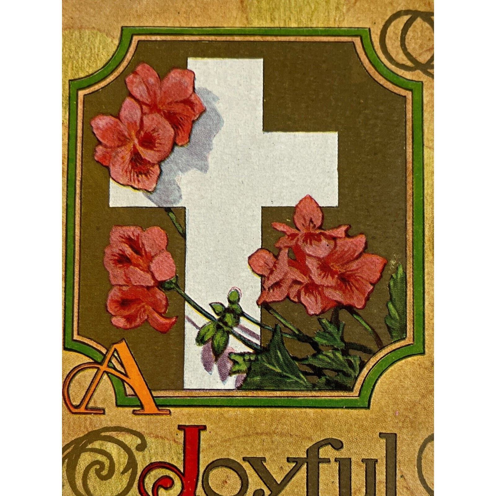 Antique Early 1900s Ephemera Litho Postcard Joyful Easter Religious Cross Floral
