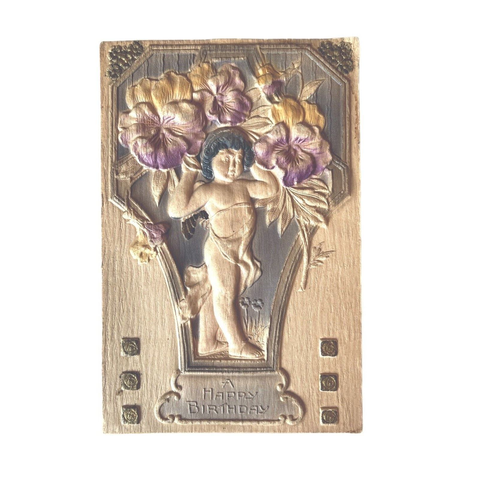 Antique Early 1900s Ephemera Postcard Bas Relief Statue Violets Birthday Wishes