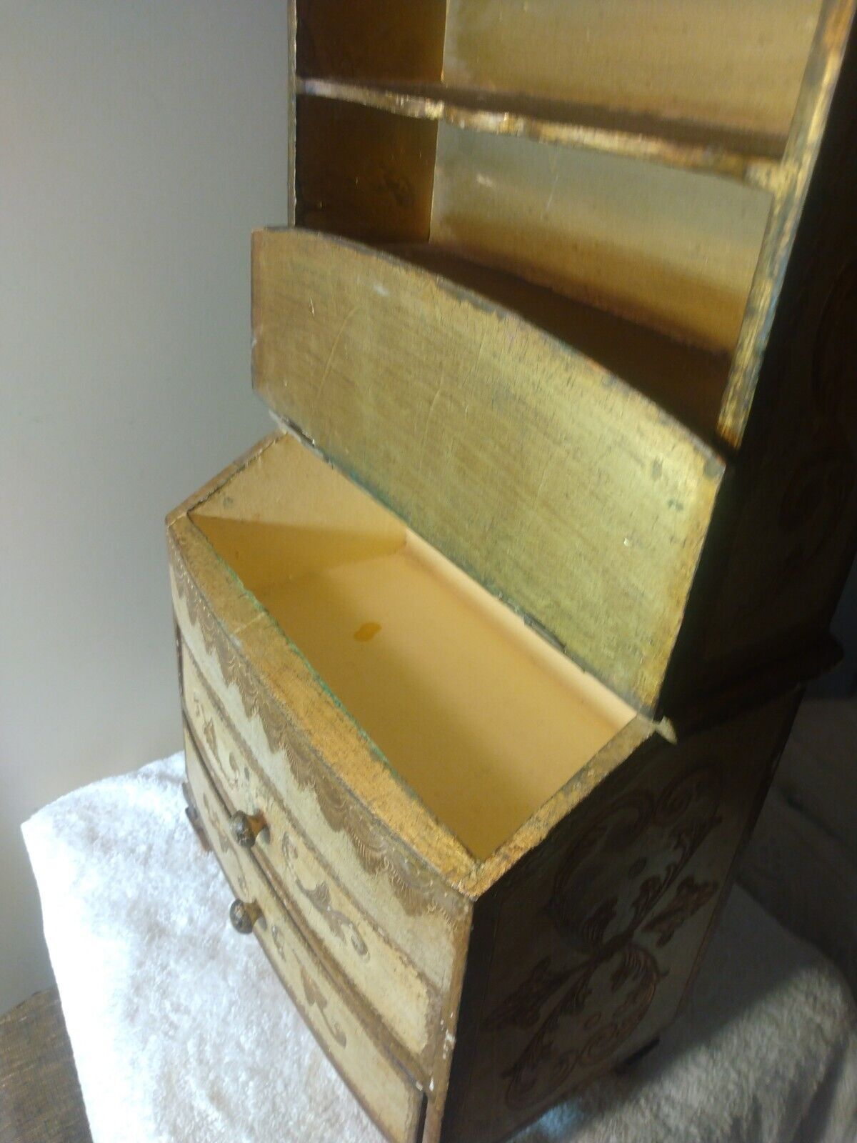 Vintage Gold Florentine Miniature Secretary Hutch Wood Cabinet