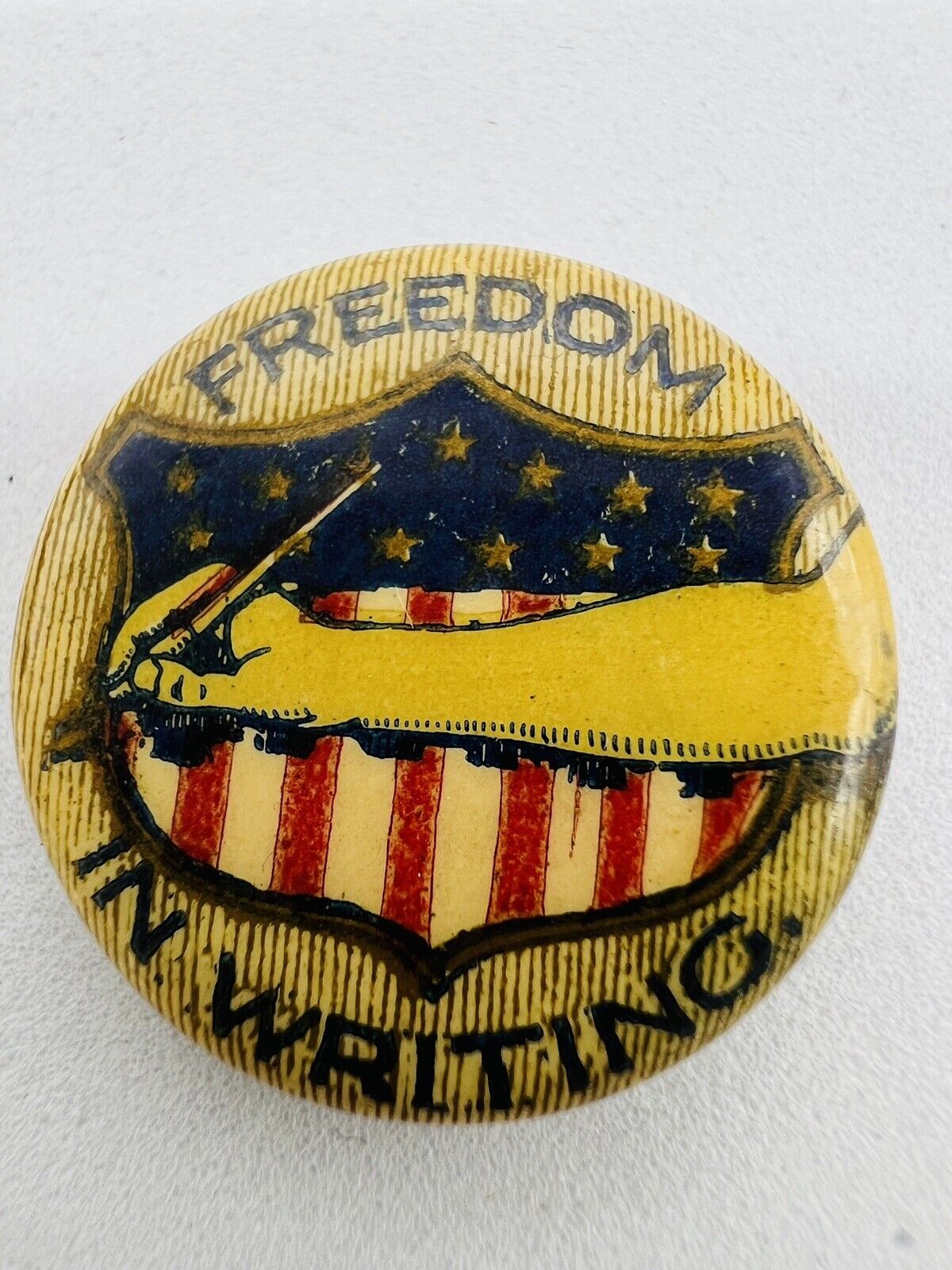 1900s FREEDOM IN WRITING 7/8" Pin Back Button Ohio Badge Co Antique Ephemera Ad