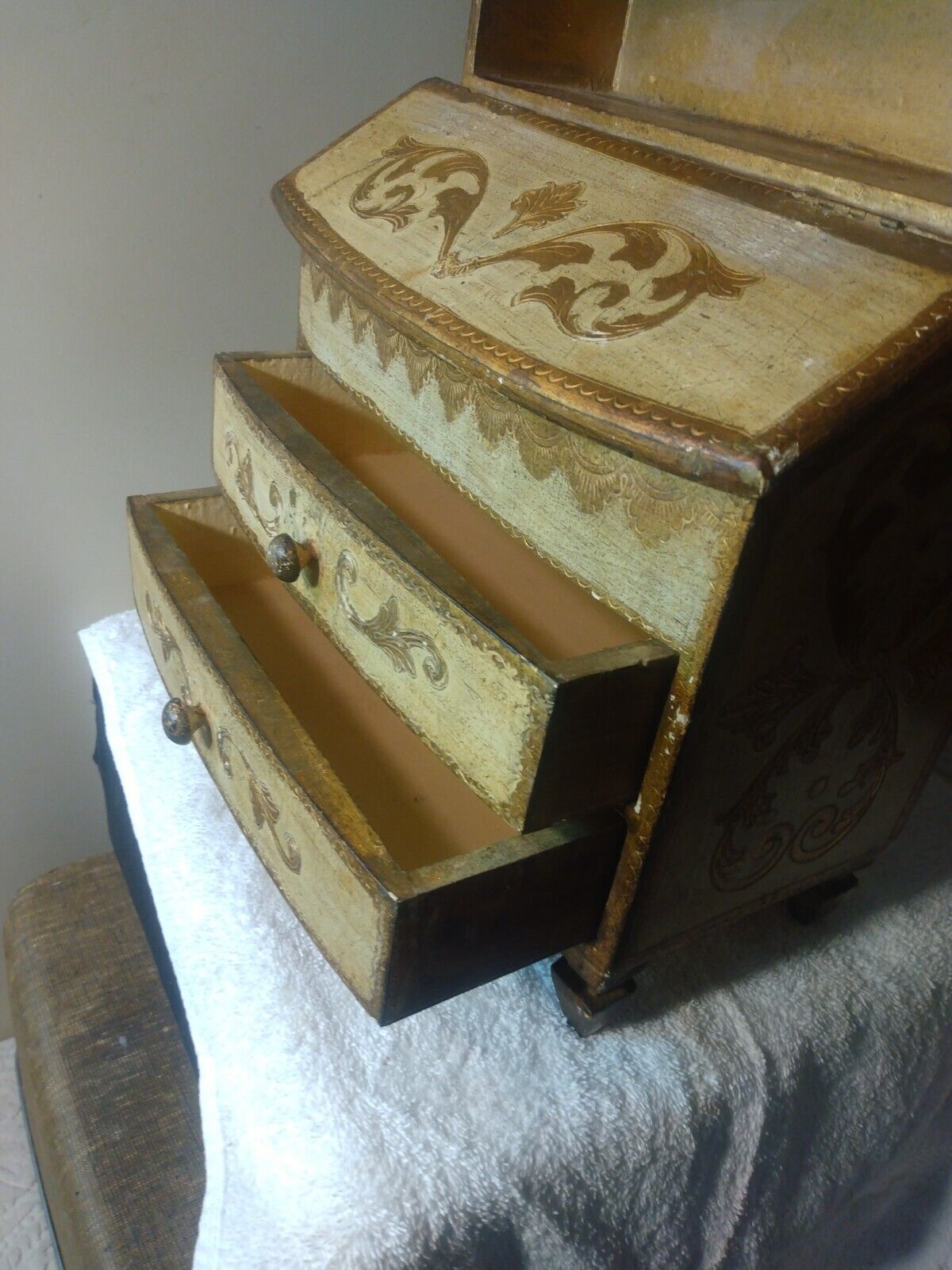 Vintage Gold Florentine Miniature Secretary Hutch Wood Cabinet