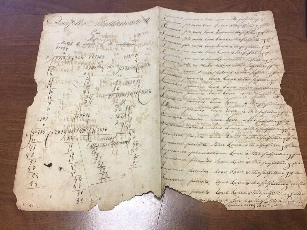 vintage original 1800's Calligraphy: INNOCENCE PROCURES LOVE, + some math