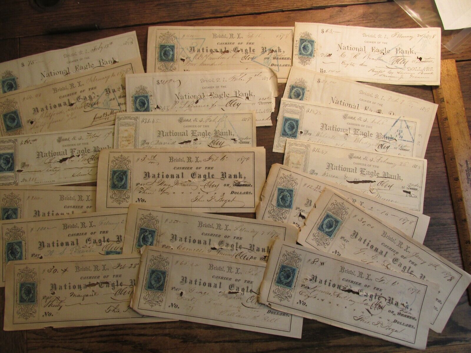 Antique Ephemera Document Lot 1800s National Eagle Bank Checks Bristol RI c