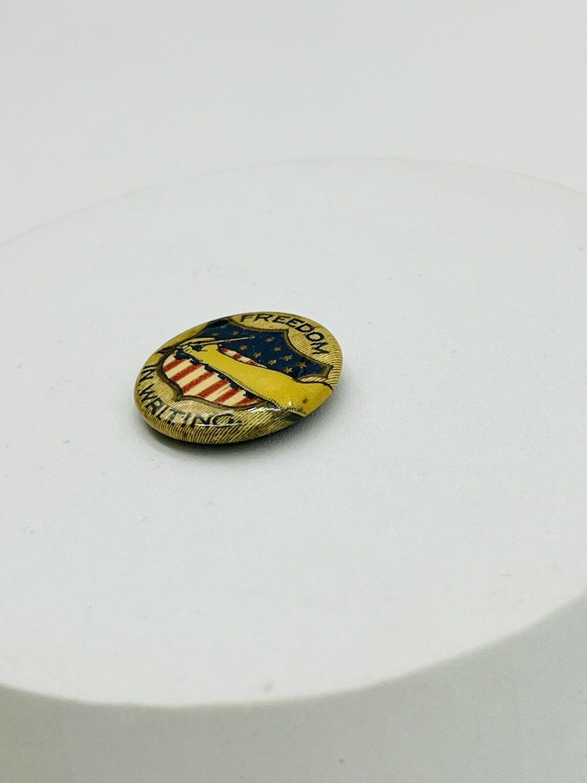 1900s FREEDOM IN WRITING 7/8" Pin Back Button Ohio Badge Co Antique Ephemera Ad
