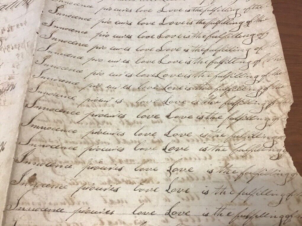 vintage original 1800's Calligraphy: INNOCENCE PROCURES LOVE, + some math