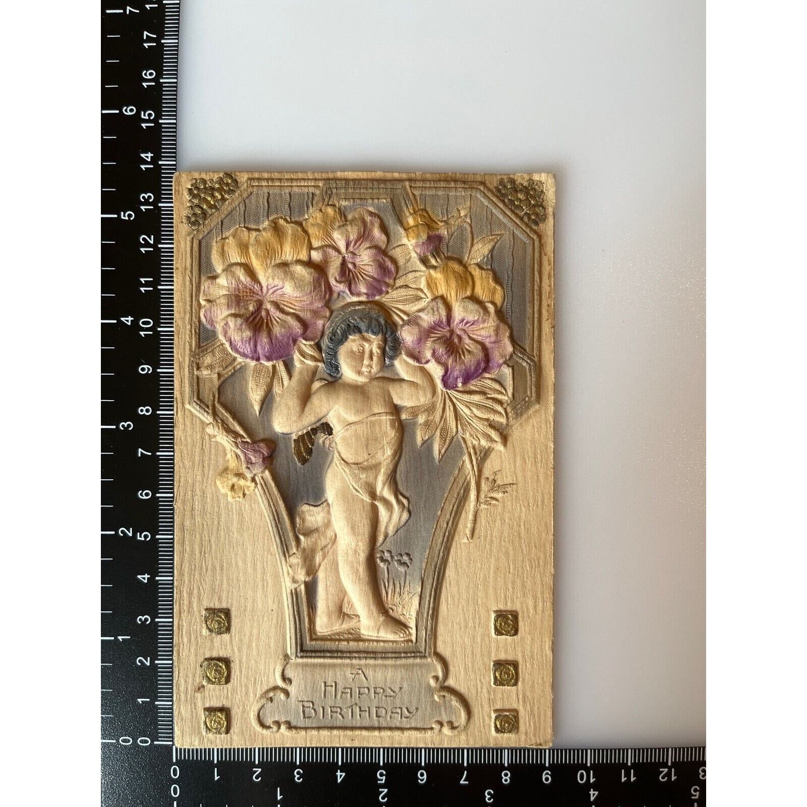 Antique Early 1900s Ephemera Postcard Bas Relief Statue Violets Birthday Wishes