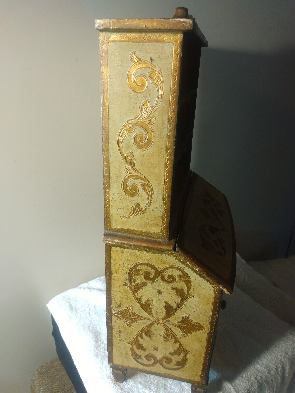 Vintage Gold Florentine Miniature Secretary Hutch Wood Cabinet
