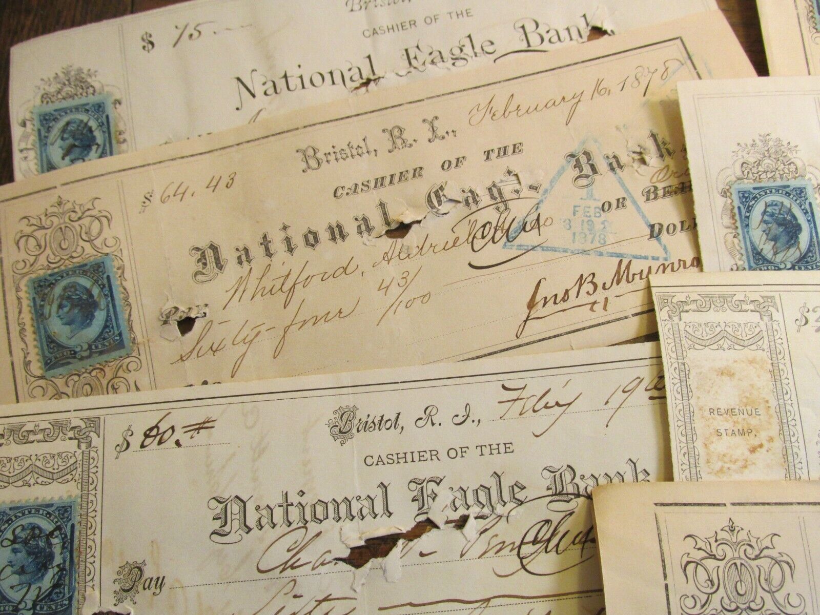 Antique Ephemera Document Lot 1800s National Eagle Bank Checks Bristol RI c