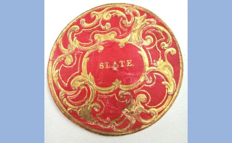 1800s antique SLATE EMBOSSED PAPER LABEL chalkboard? 2" filigree