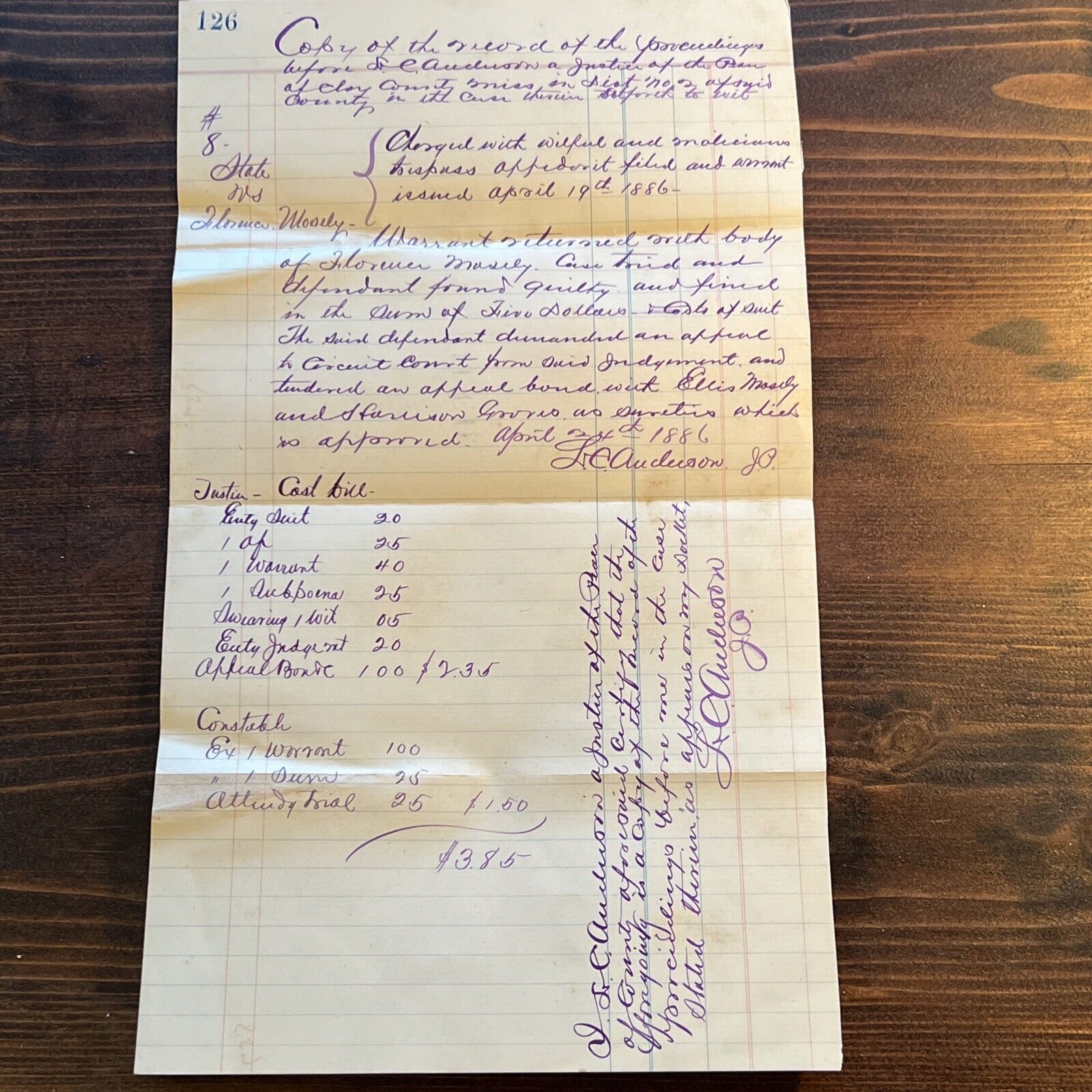 Antique 1800s Legal Bill Justice Of Peace Cool Purple Calligraphy Mississippi