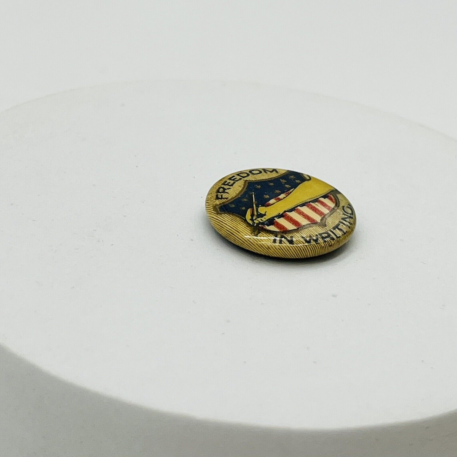 1900s FREEDOM IN WRITING 7/8" Pin Back Button Ohio Badge Co Antique Ephemera Ad