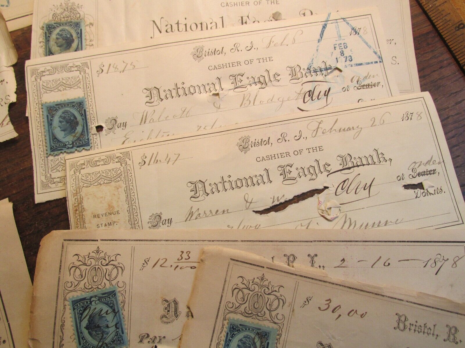 Antique Ephemera Document Lot 1800s National Eagle Bank Checks Bristol RI c