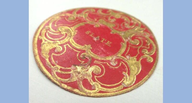 1800s antique SLATE EMBOSSED PAPER LABEL chalkboard? 2" filigree