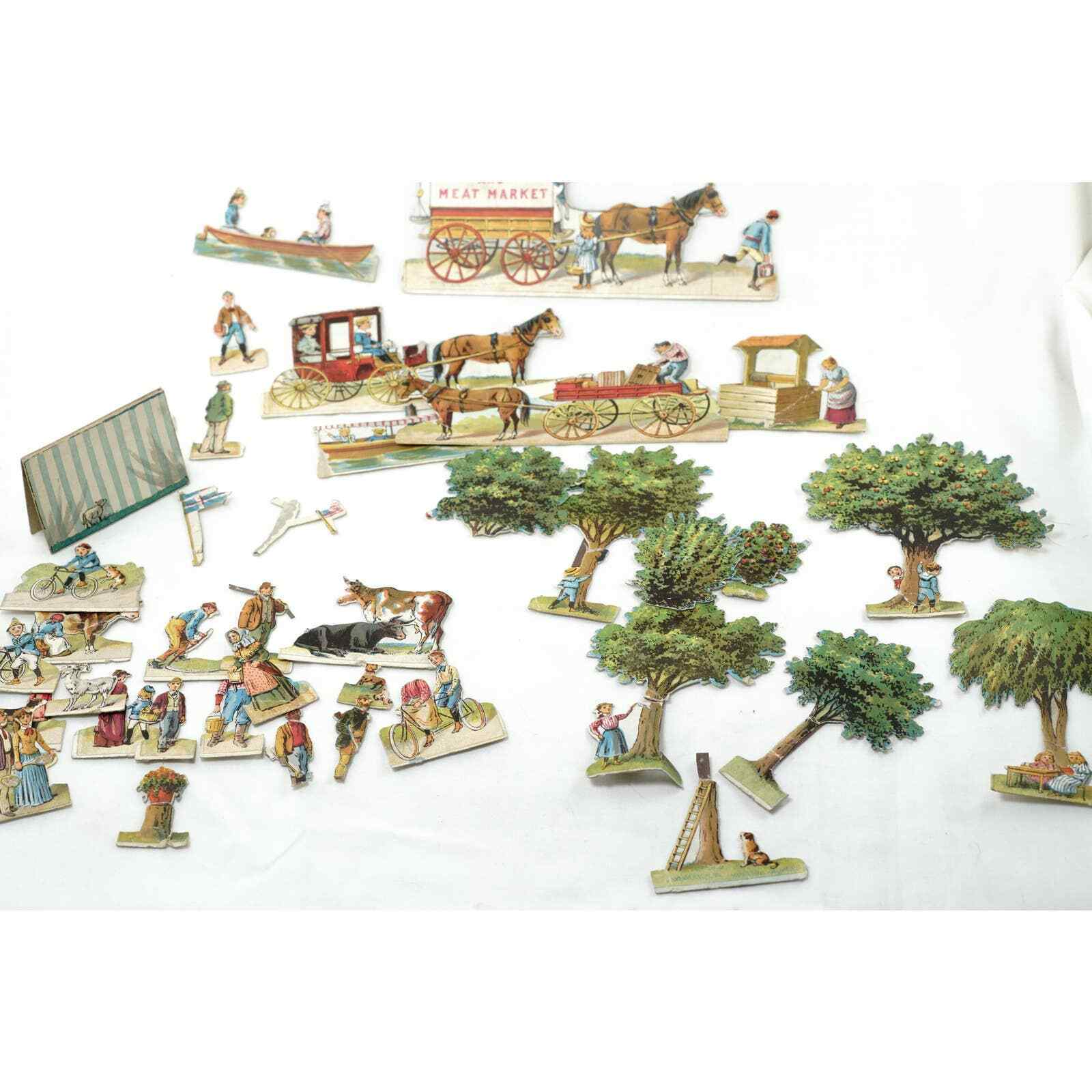 1900's Die Cut Chromolithograph Figures, Horse Draw Wagons, People Ephemera