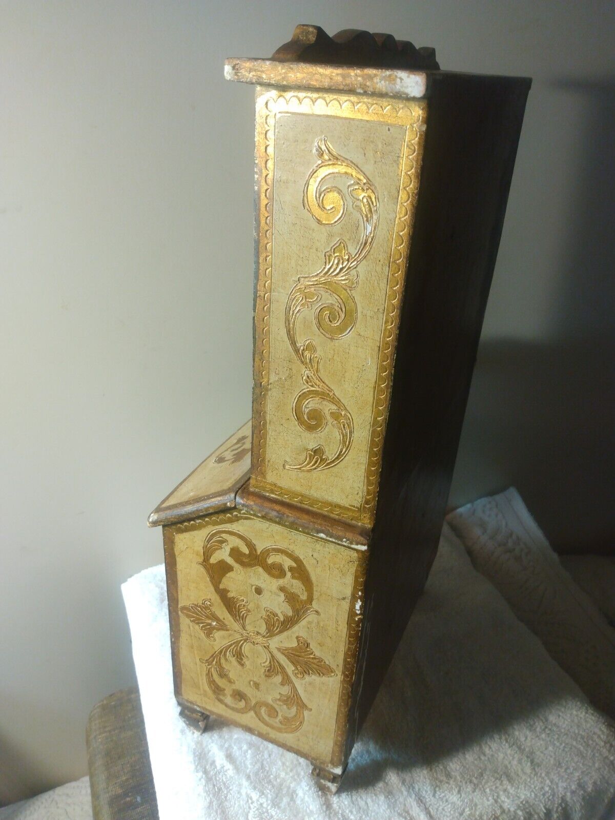 Vintage Gold Florentine Miniature Secretary Hutch Wood Cabinet